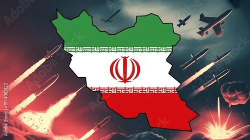 Iran map, flag, war, conflict, missiles, planes, military action