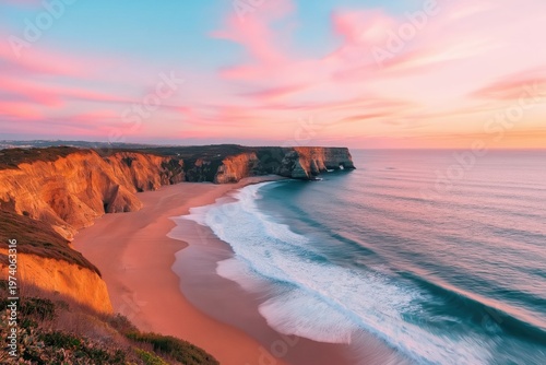 Scenic ocean coastline at sunset highlighting sandy beach, towering cliffs, and rolling waves under a pastel pink and blue sky, evoking tranquility