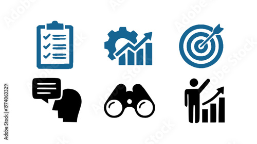 Flat icons showing reports, data analysis, and performance tracking. Suitable for dashboards and finance visuals.
