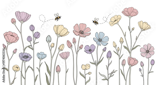 Colorful flowers with bees on white background floral illustration for decoration and design