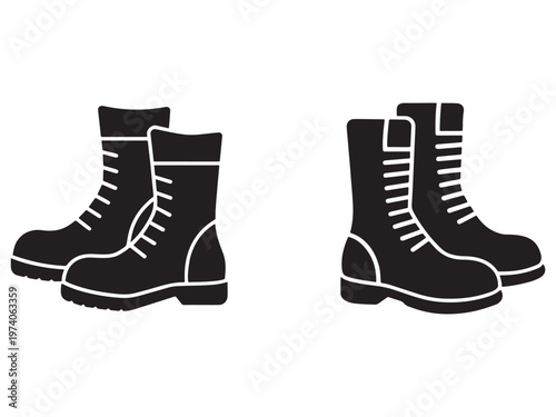 Black boots with white outlines and laces on white background  pair of boots  footwear  shoes