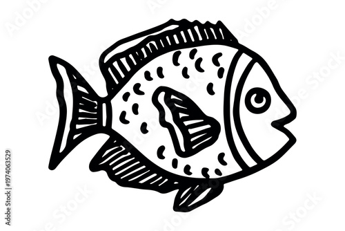 Hand drawn happy funny cute fish Adorable friendly kawaii tropical fish Underwater world sea life ocean Fishing seafood For design, kids print, kids books, nursery decor, coloring pages, logo