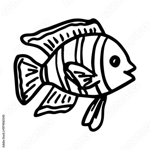 Hand drawn happy funny cute fish Adorable friendly kawaii tropical fish Underwater world sea life ocean Fishing seafood For design, kids print, kids books, nursery decor, coloring pages, logo