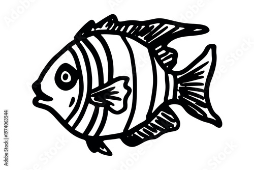 Hand drawn happy funny cute fish Adorable friendly kawaii tropical fish Underwater world sea life ocean Fishing seafood For design, kids print, kids books, nursery decor, coloring pages, logo