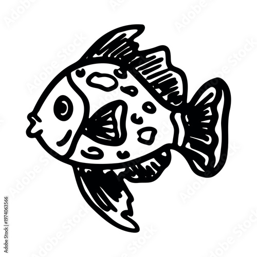 Hand drawn happy funny cute fish Adorable friendly kawaii tropical fish Underwater world sea life ocean Fishing seafood For design, kids print, kids books, nursery decor, coloring pages, logo