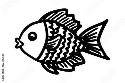 Hand drawn happy funny cute fish Adorable friendly kawaii tropical fish Underwater world sea life ocean Fishing seafood For design, kids print, kids books, nursery decor, coloring pages, logo