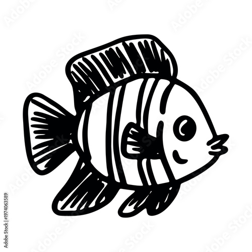 Hand drawn happy funny cute fish Adorable friendly kawaii tropical fish Underwater world sea life ocean Fishing seafood For design, kids print, kids books, nursery decor, coloring pages, logo