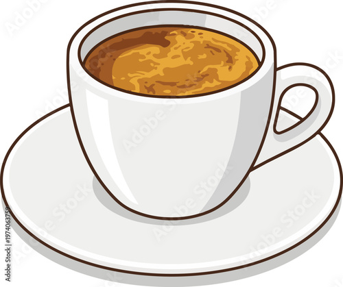 Isolated on white background. Vector illustration of a white espresso cup and saucer with rich coffee crema isolated on white