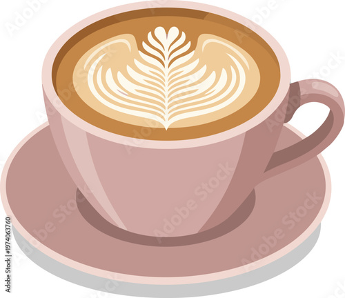 Isolated on white background. Vector illustration of a mauve coffee cup and saucer with white Rosetta latte art isolated on white