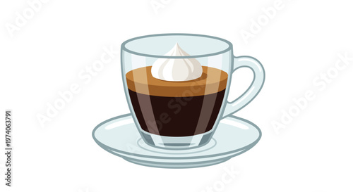 Isolated on white background.  Vector illustration of an espresso con panna in a clear glass cup with whipped cream topping