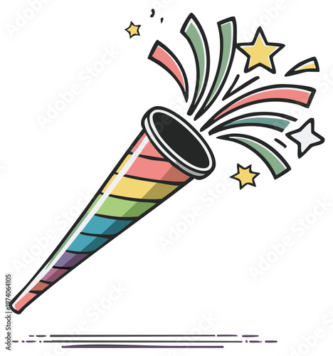 Colorful party popper with star bursts illustration
