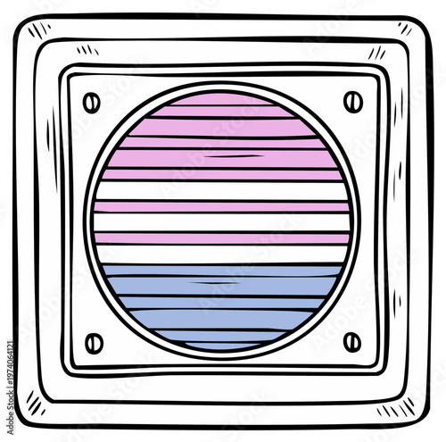 Square ceiling exhaust fan with pink and blue striped vent cover