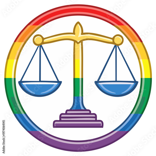 Rainbow colored justice scales emblem representing equality and LGBTQ rights