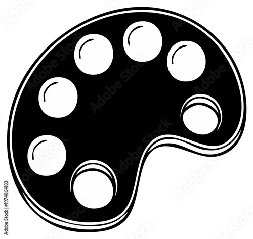 Artist paint palette with seven round wells for colorful pigments and a thumbhole cutout