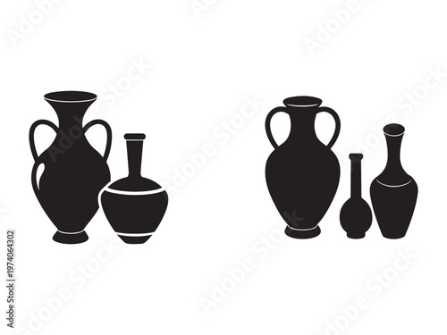 Black silhouettes of ancient clay jugs and vases on white background for design elements  various shapes and sizes