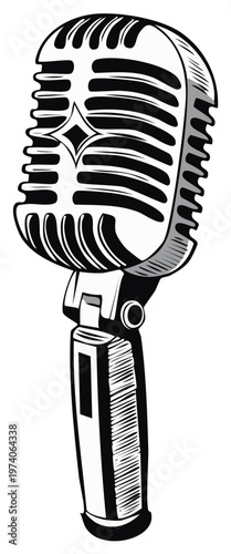 Vintage microphone illustration in black and white on white background