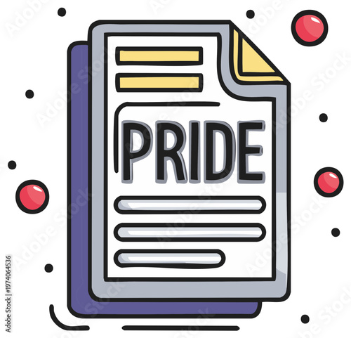 Cartoon document with the word Pride, an icon for self esteem, identity, and LGBTQ celebration