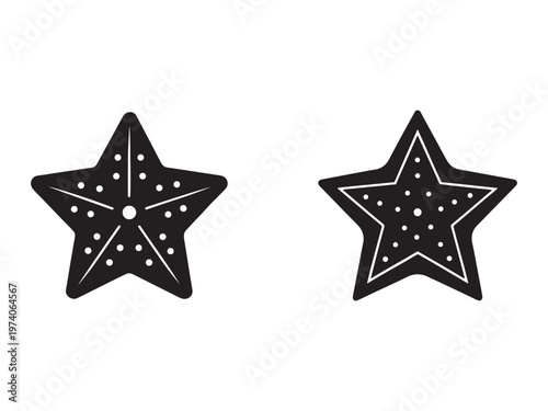 Black star shapes with white dots and lines on white background  starfish or sea stars icons
