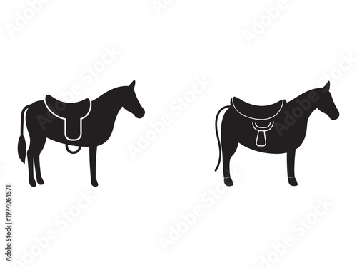 Black silhouettes of two horses with saddles on white background for design elements  horse silhouettes with saddles
