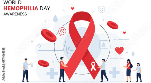 Flat vector illustration for world hemophilia day featuring people supporting giant red ribbon. Health awareness concept with red blood cells medical icons and heartbeat line on light background.