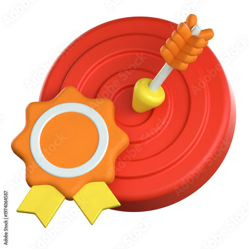Premium 3D render of a red target with an arrow hitting the bullseye and a gold medal award for achievement