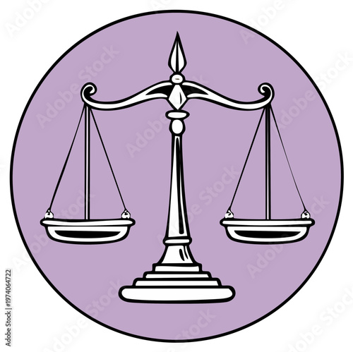 Stylized Scales of Justice Illustration in Purple Circle Symbol for Law and Legal Concepts