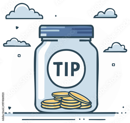 Tip jar with coins illustration for gratuity money concept and savings