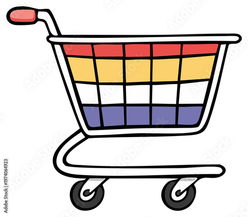 Shopping trolley cartoon illustration with colorful stripes for consumerism and retail themes, representing grocery and purchasing actions.