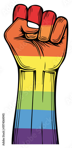 Raised Fist Colored with Pride Rainbow Stripes Depicting Strength and Solidarity