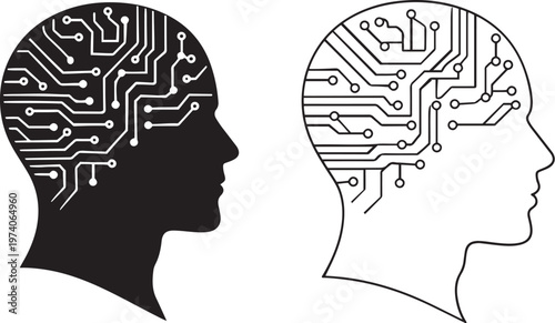Two human head silhouettes filled with circuit board patterns representing digital intelligence