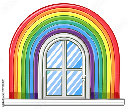 Rainbow Arches Over A White Arched Window With Panes