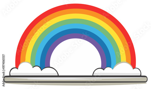 Brightly Colored Rainbow Arching Over Fluffy White Clouds Against a White Background