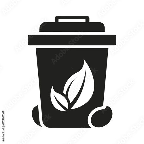 Silhouette icon of a compost bin with a leaf, promoting ecology and environmental cleanup. Silhouette compost bin icon on white background.