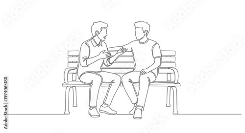 Continuous line drawing of two young men talking while sitting on a park bench.