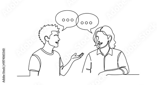 Continuous line drawing of two people having a conversation.