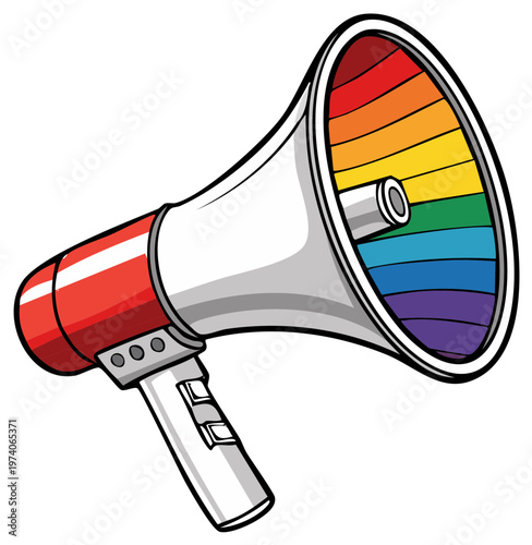 Colorful megaphone with rainbow colors inside amplifying a message of equality and pride