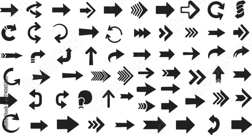 Collection of various black arrows on white background