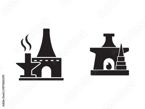 Blacksmith workshop factory icons with industrial equipment and tools for metalworking and manufacturing processes  industrial facilities