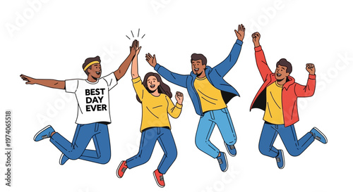 Happy Diverse Group of Young Friends Jumping for Joy.