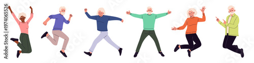 Flat vector illustration set of happy senior people jumping and celebrating in different poses. ideal for retirement life, wellness, healthy aging, community activities, and positive senior living 
