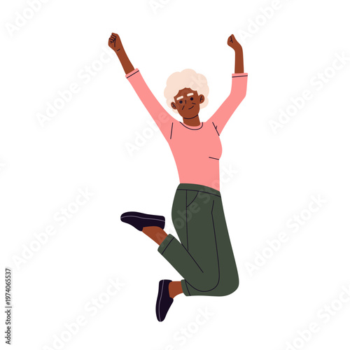 Flat vector illustration of happy senior people jumping and celebrating in different poses. ideal for retirement life, wellness, healthy aging, community activities, and positive senior living 
