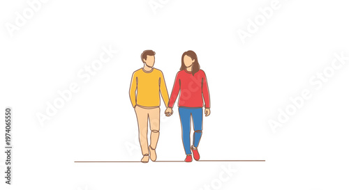 A young couple holding hands walking together illustration.