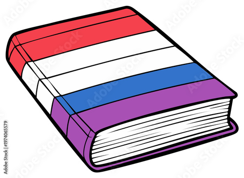Closed book with red white blue and purple striped cover and white pages