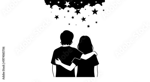 A black and white illustration of a young couple embracing and looking up at the night sky.