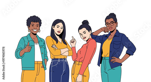 Group of diverse young women standing together in casual fashion style.