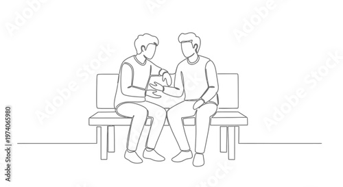 Continuous line drawing of two men sitting on a bench talking.