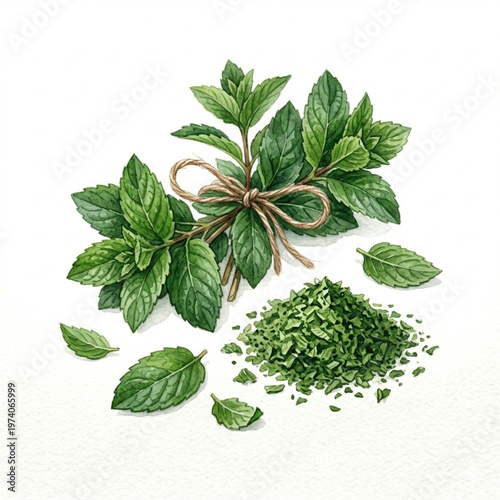 Mint leaves watercolor hand drawing isolated in white background