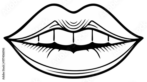 Stylized Black and White Line Art Illustration of Open Lips Showing Teeth