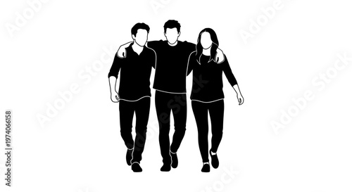 Three friends walking together with arms around each other illustration.