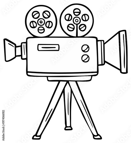 Vintage Film Camera Line Art on Tripod Stand for Cinema or Movie Production